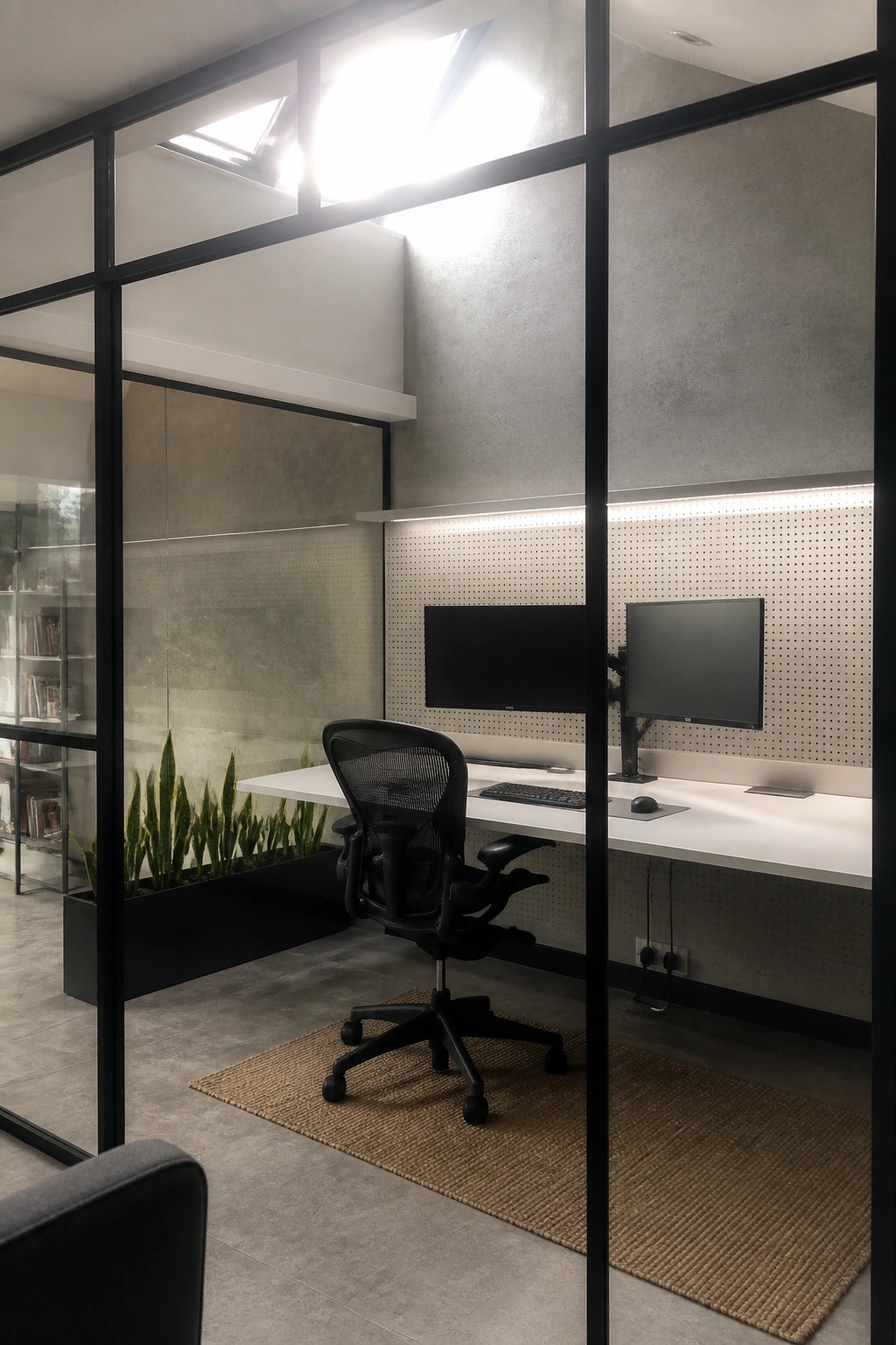 A modern home office with a white desk against a white pegboard wall, two computer monitors mounted on the wall, an ergonomic black office chair on a woven rug, and a glass partition wall with plants visible beyond.