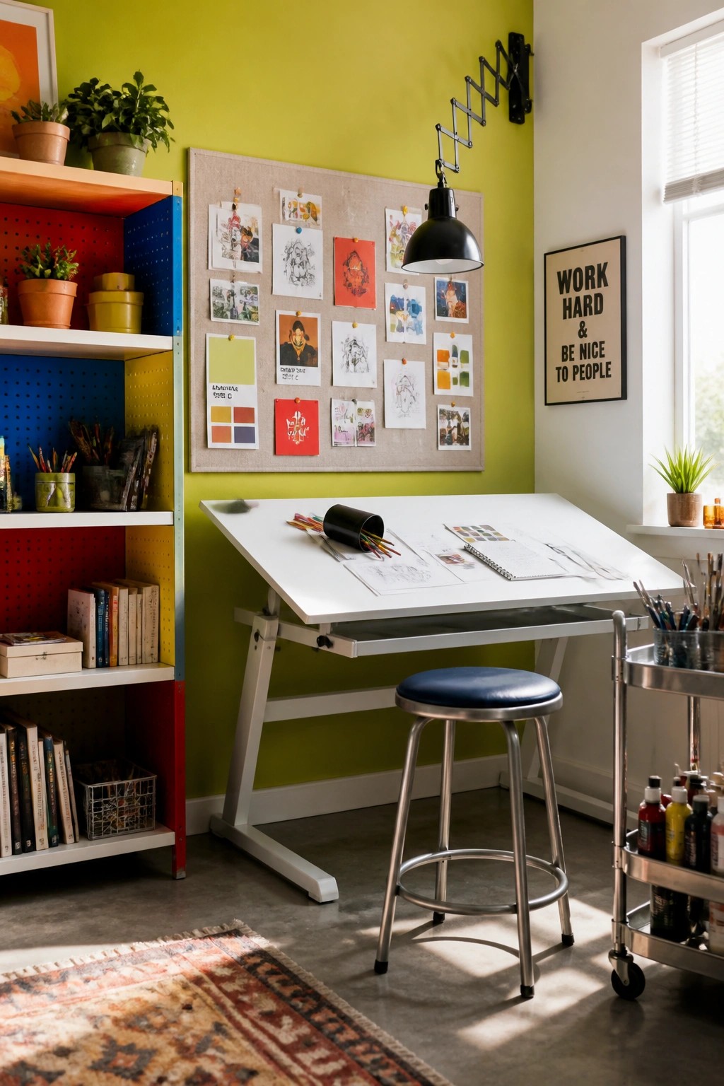 A bright home office features a white adjustable drafting table with art supplies, a blue stool, a colorful storage unit, and a corkboard on a lime green wall.