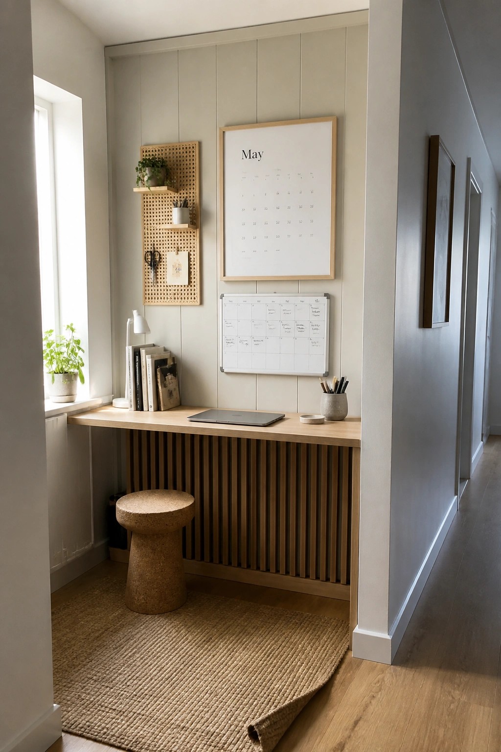 A light wood built-in desk with vertical slats below, a cork stool tucked underneath, a laptop on top, and wall organizers including a pegboard and two calendars in a paneled room.