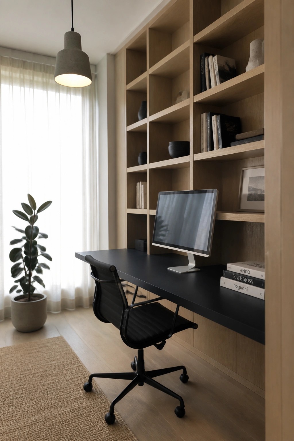 A home office with a black desk and chair facing built-in light wood shelving that holds books, a computer monitor, and a few decorative objects, with a potted plant near a window.