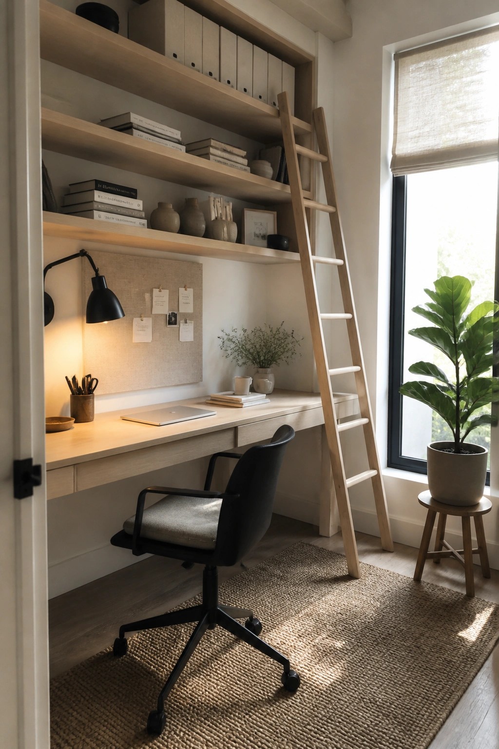 Light wood desk with black chair, rolling ladder to shelves, rug, and window plant