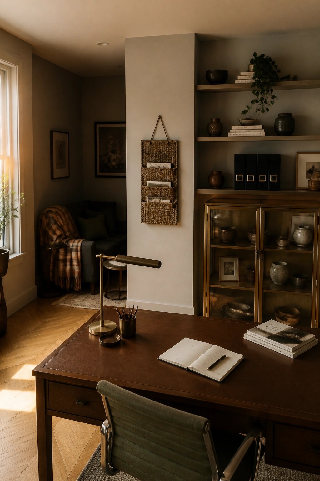 Wooden desk with open notebook, green chair, and pottery-filled shelves in sunlit office