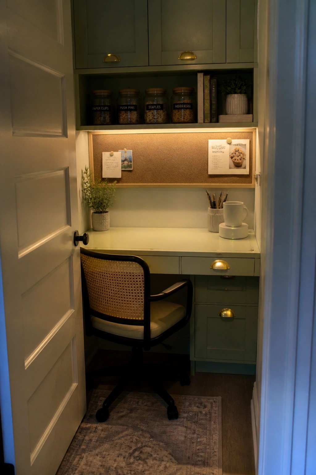 Narrow desk nook with green cabinets, cane chair, corkboard, and labeled supply jars