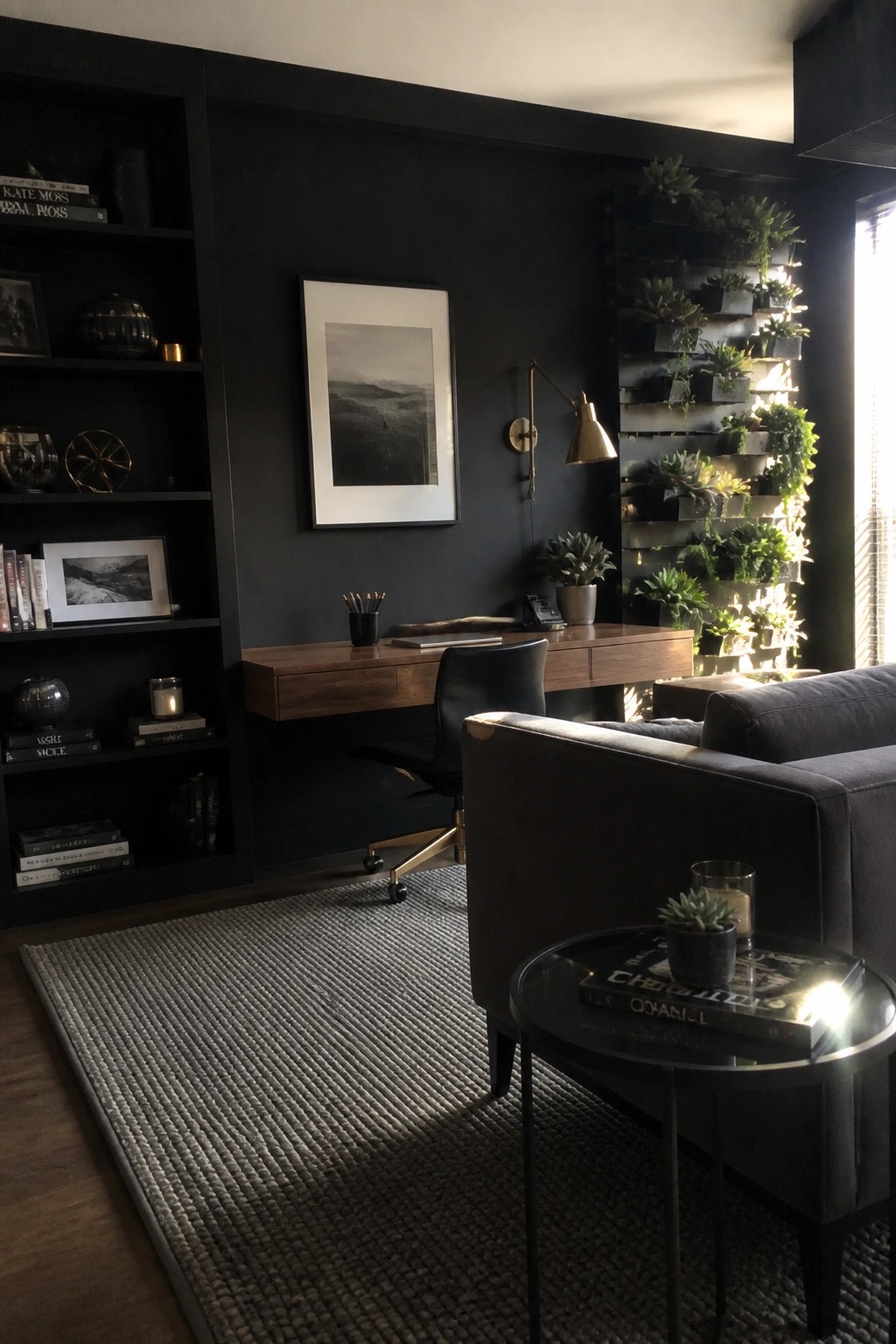 A modern home office with black walls, a floating wood desk, black office chair, built-in dark shelving, and a vertical plant wall on the right side.