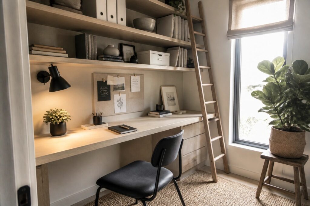 Light wood desk with black chair, rolling ladder to shelves, rug, and window plant