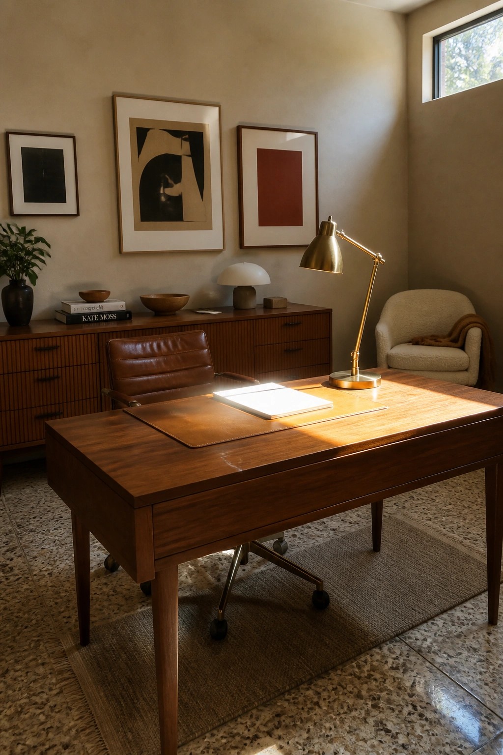 Sunlit wooden desk with leather chair, brass lamp, and abstract wall art