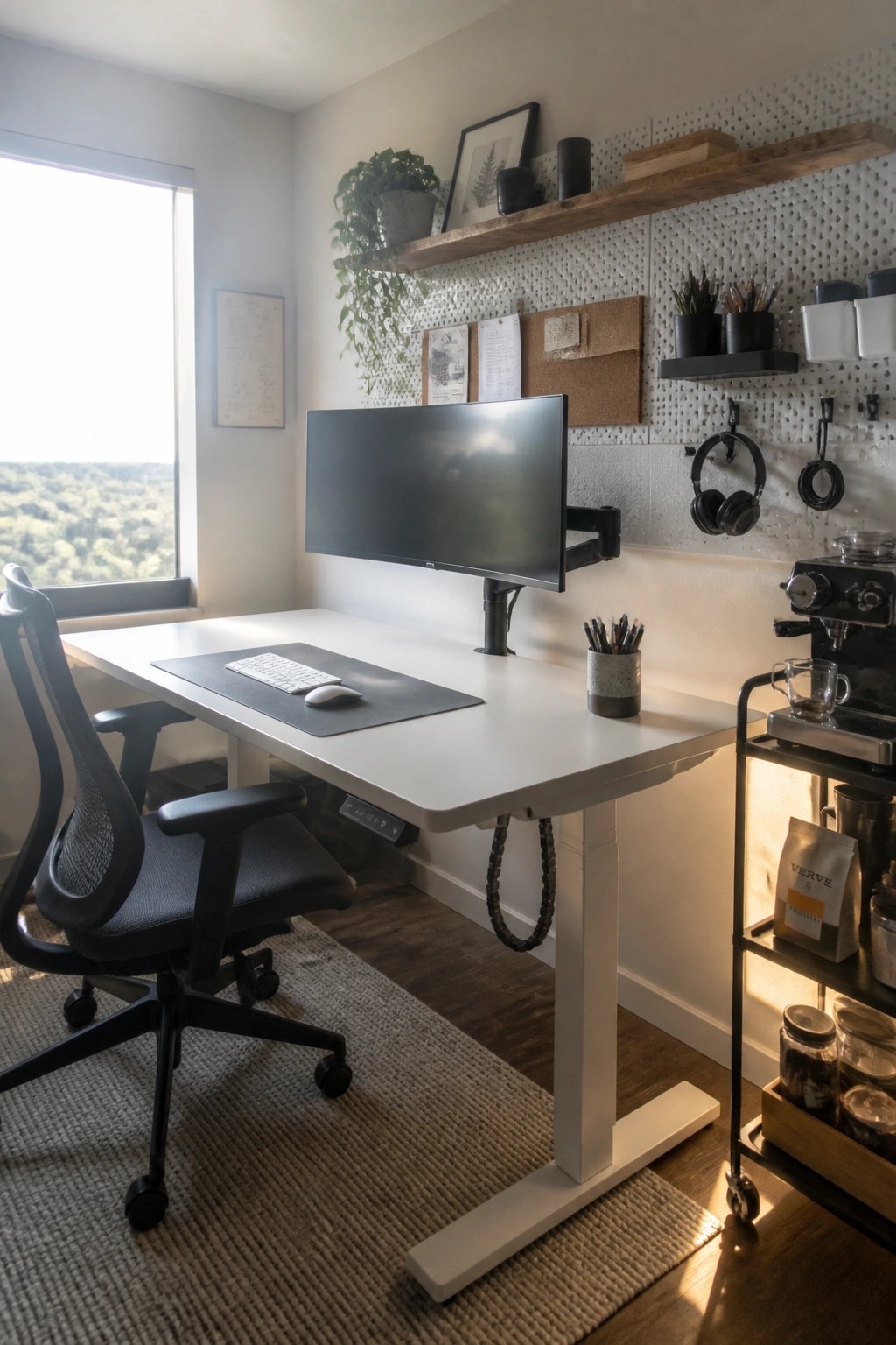 Modern minimalist home office with white standing desk, black ergonomic chair, pegboard wall, and coffee cart.