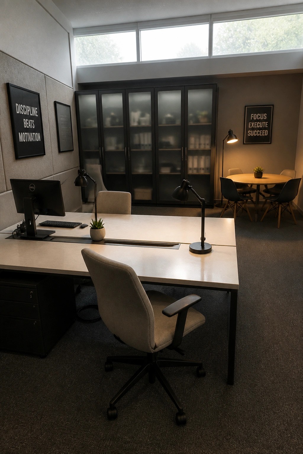 Modern office with white desk, gray chair, Dell monitor, black cabinets, and round table.