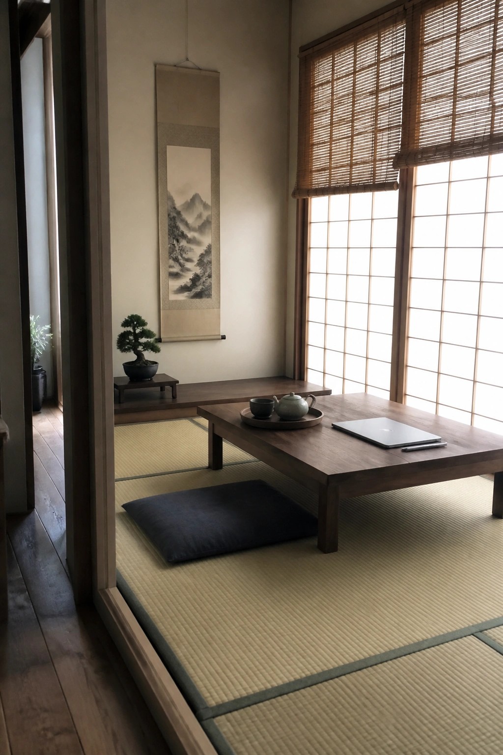 Japanese tatami room with low table, tea set, laptop, bonsai, and hanging scroll