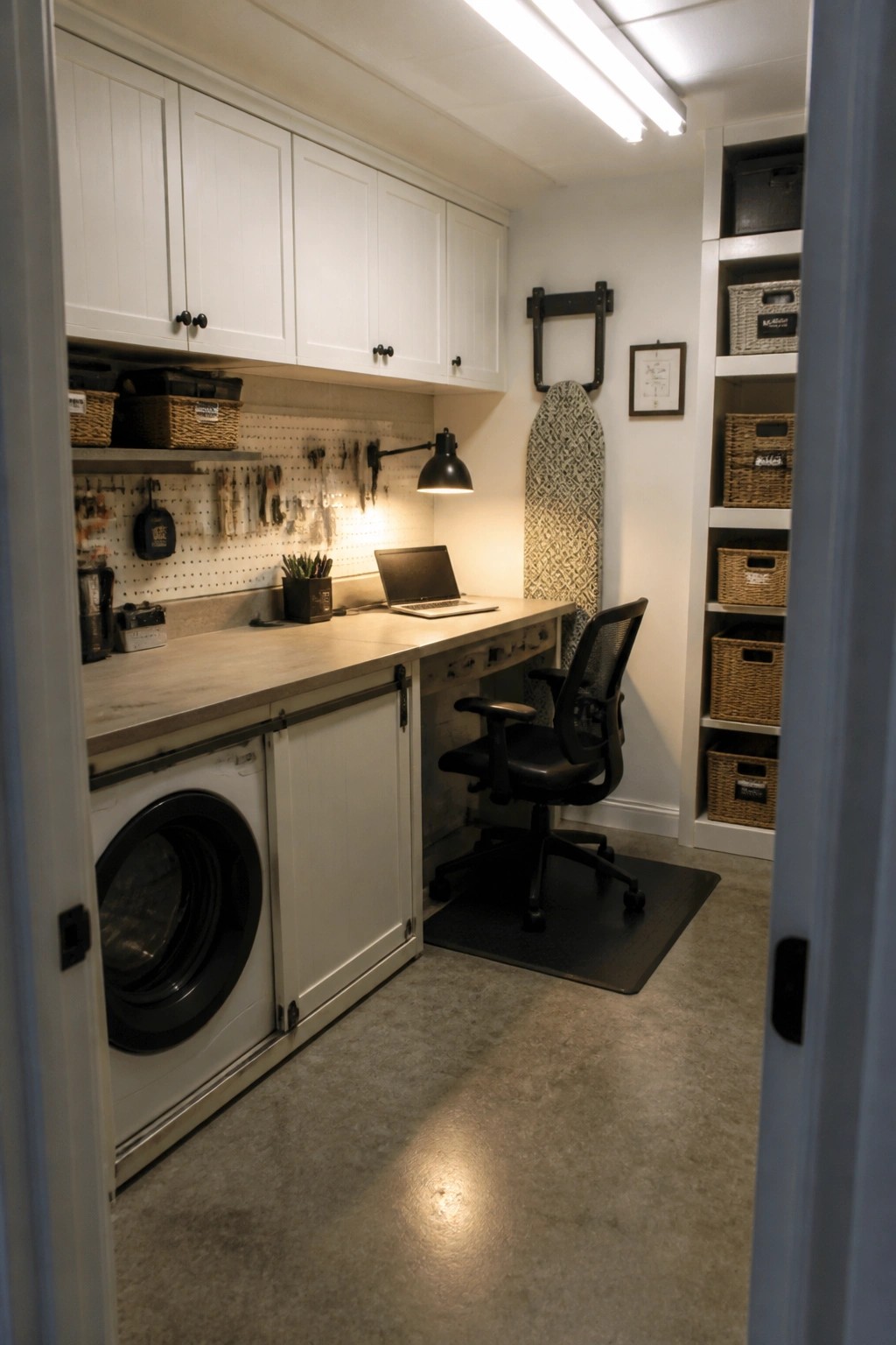 Compact laundry room with white cabinets, washing machine, desk, chair, and pegboard.