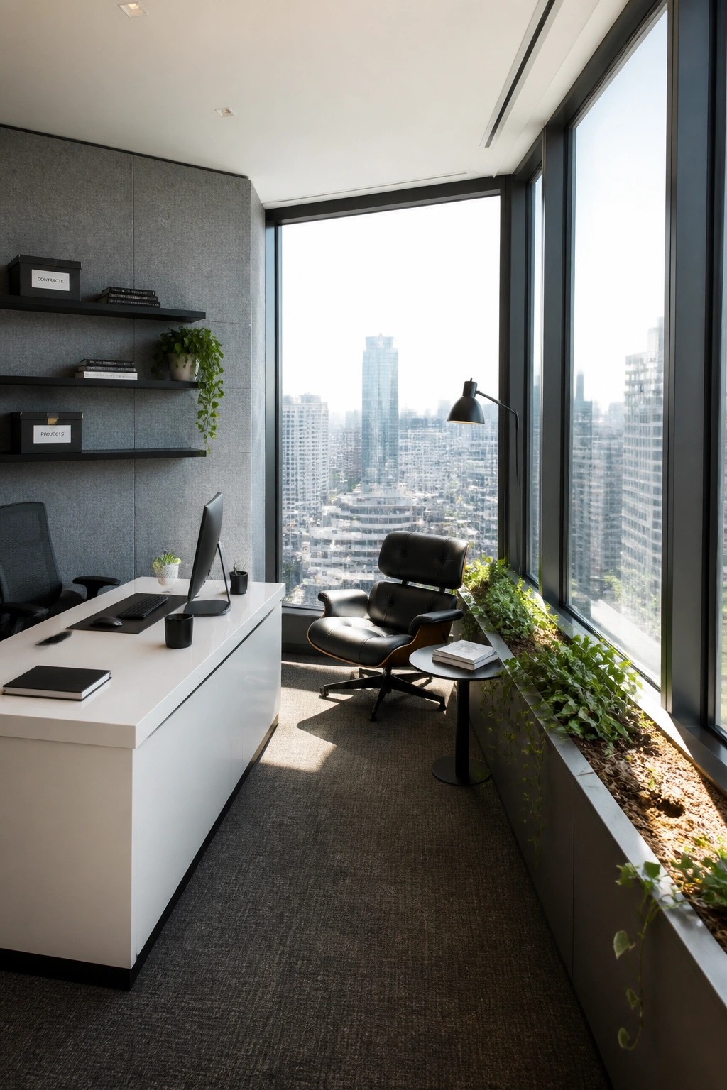 Modern office with white desk, black leather chair, shelves and city skyline window view.