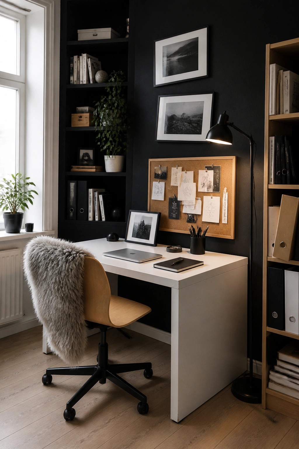 Minimalist white desk with laptop, corkboard, black lamp, and fur-draped wooden chair in home office.