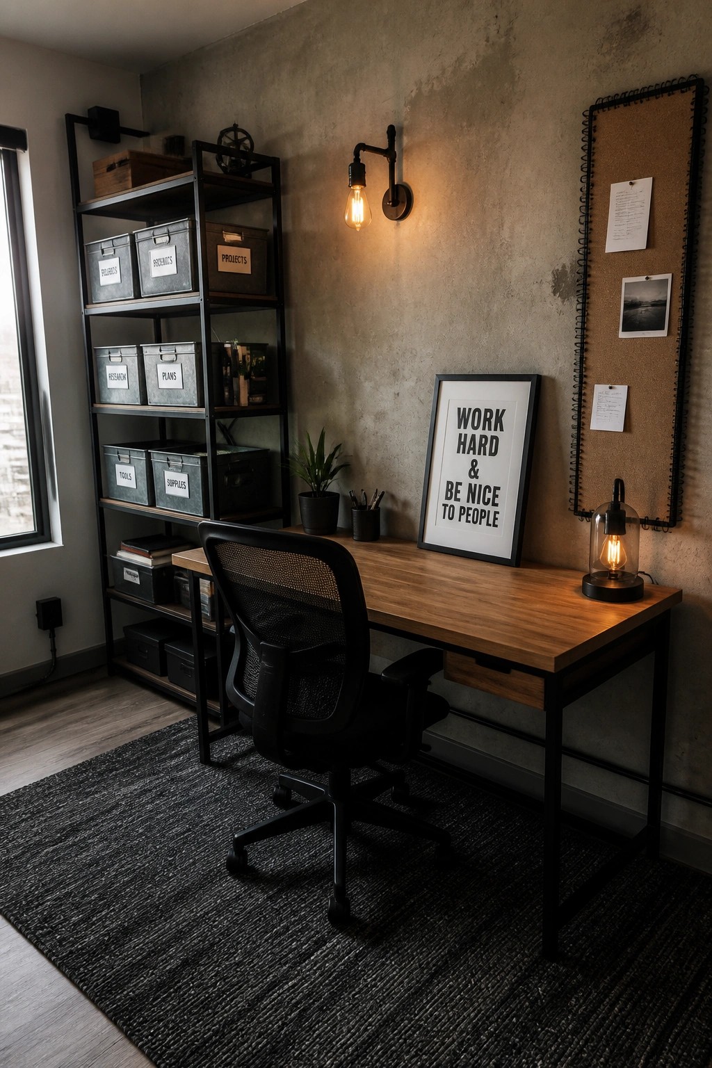 A compact home office featuring a wooden desk with a black mesh chair, tall black metal shelving filled with gray labeled storage bins, a corkboard on the wall, and a motivational print.