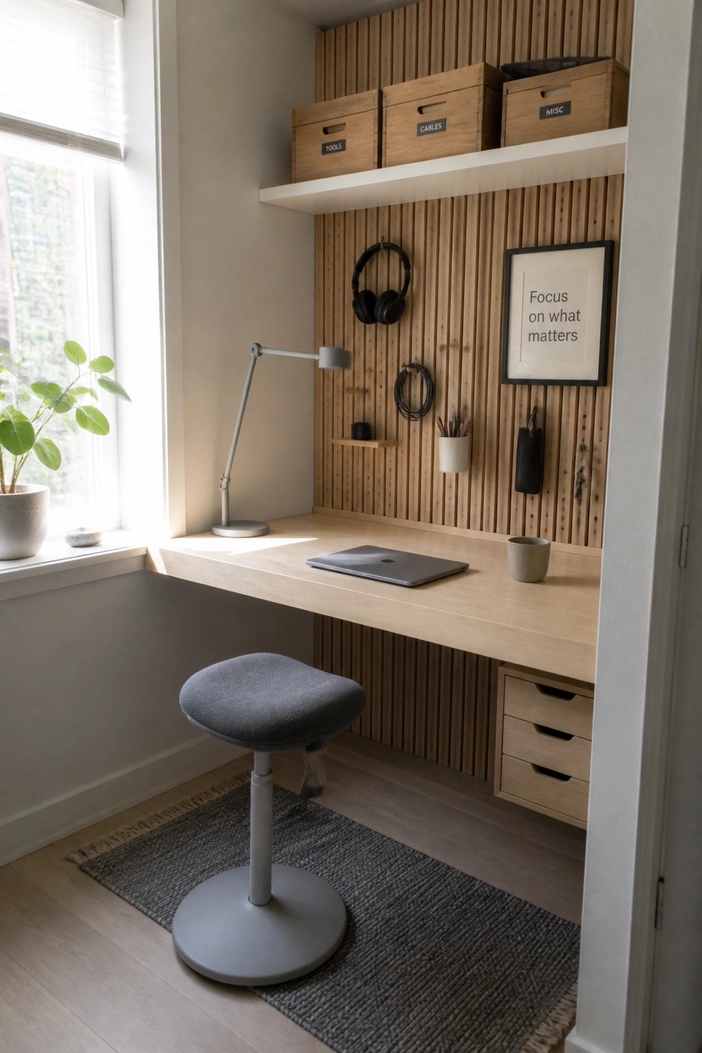 A compact home office nook featuring a light wood built-in desk against a vertical slatted wood wall, with storage boxes above, a laptop, desk lamp, and gray stool.