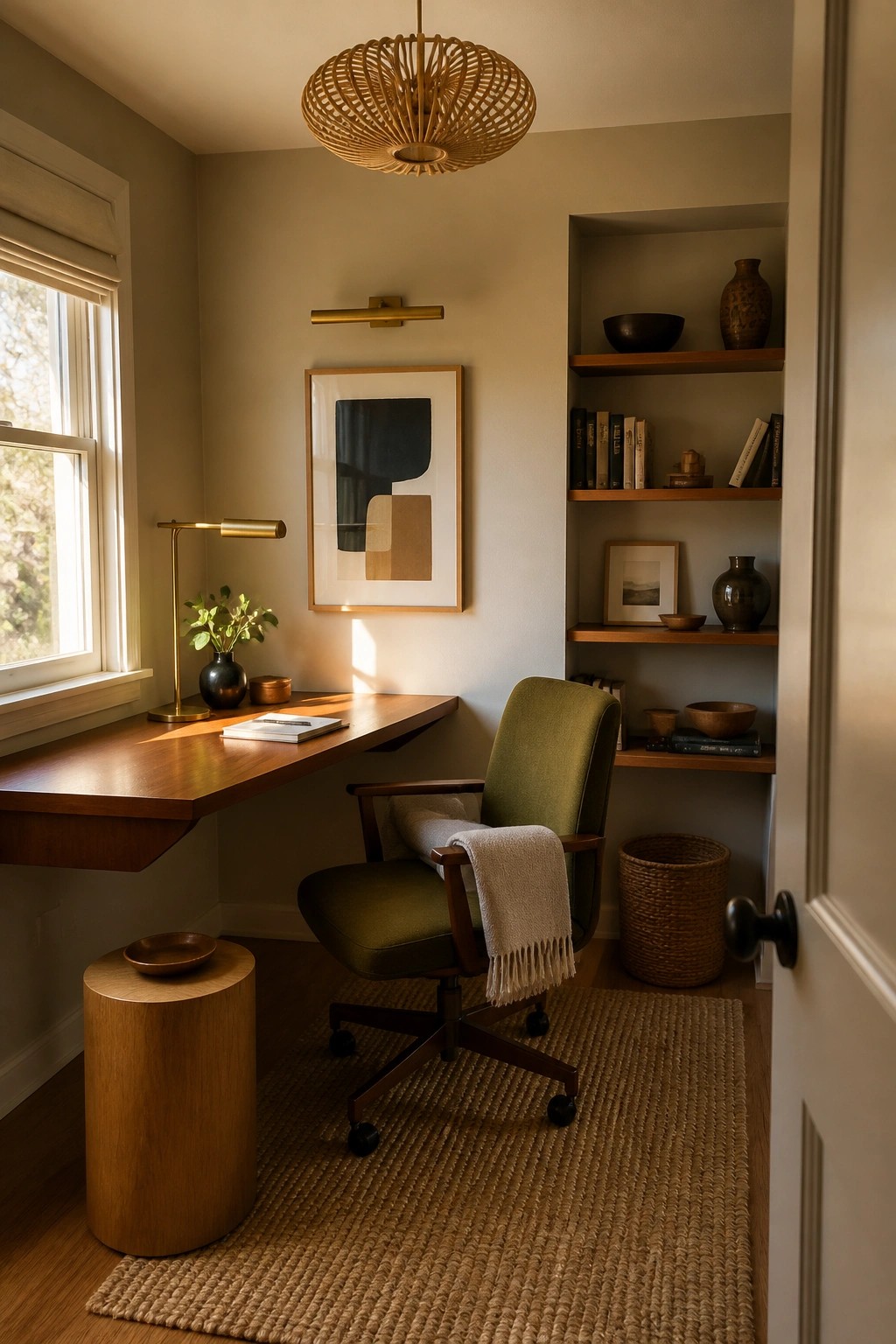 A small home office with a wooden floating desk, green upholstered chair, recessed wooden shelves in an alcove, and a woven light fixture overhead.
