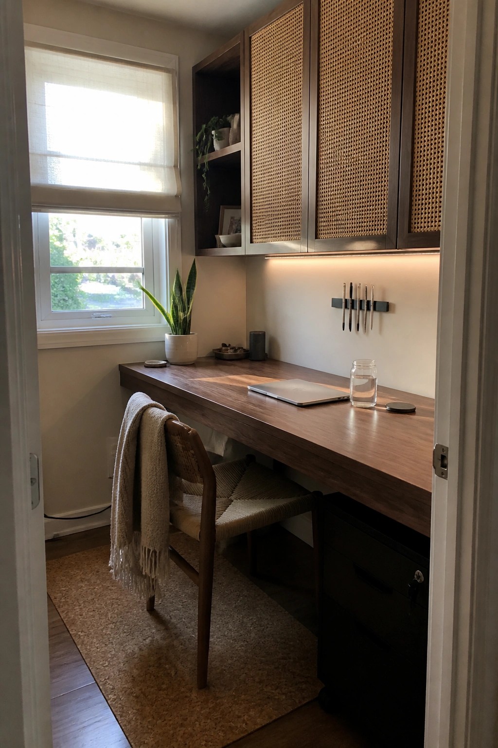 Minimalist wooden desk with laptop, woven chair, snake plant, and cane cabinets.