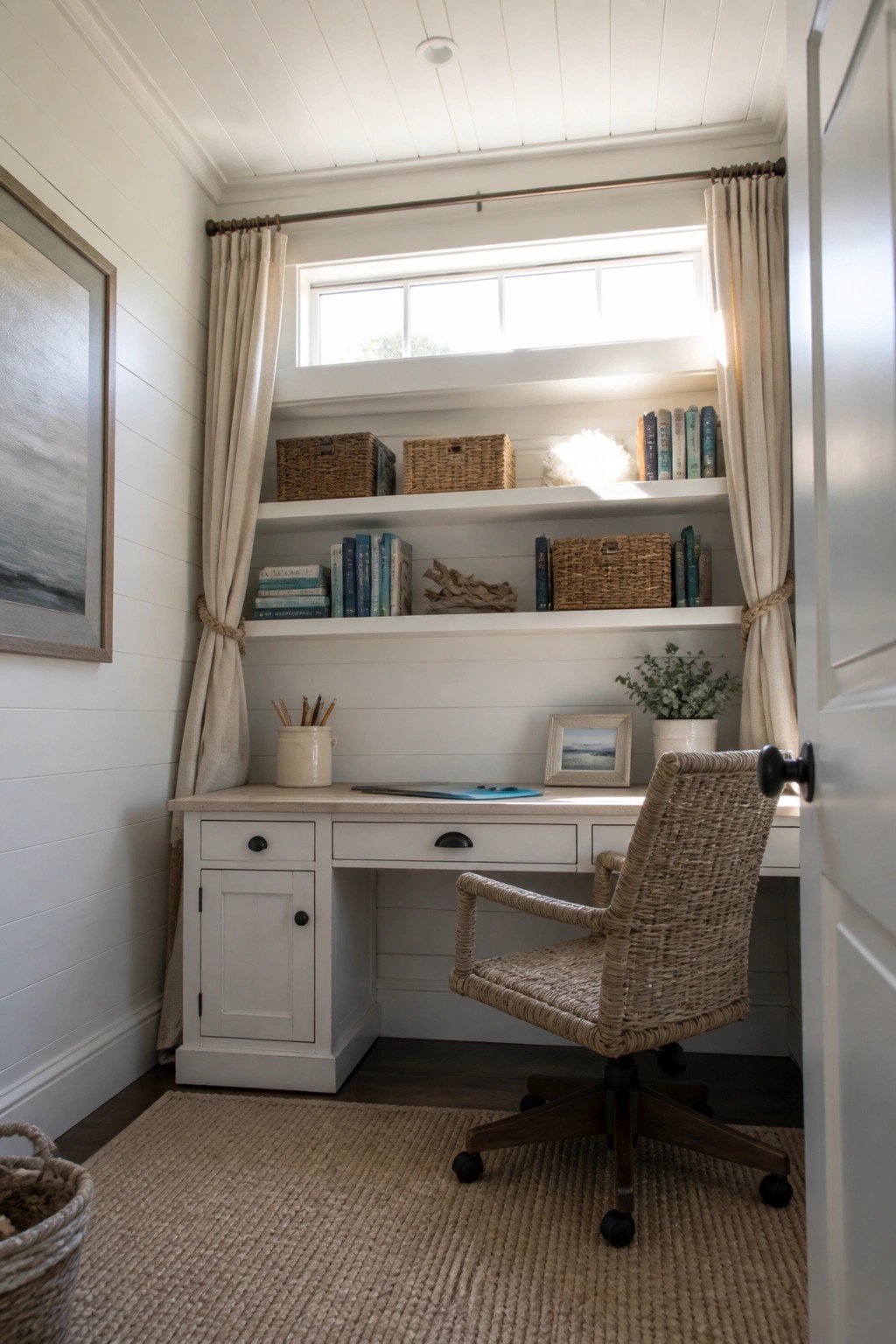 A compact white built-in desk with overhead shelves holding books and woven baskets, positioned under a window with tied-back curtains and a woven office chair in front.
