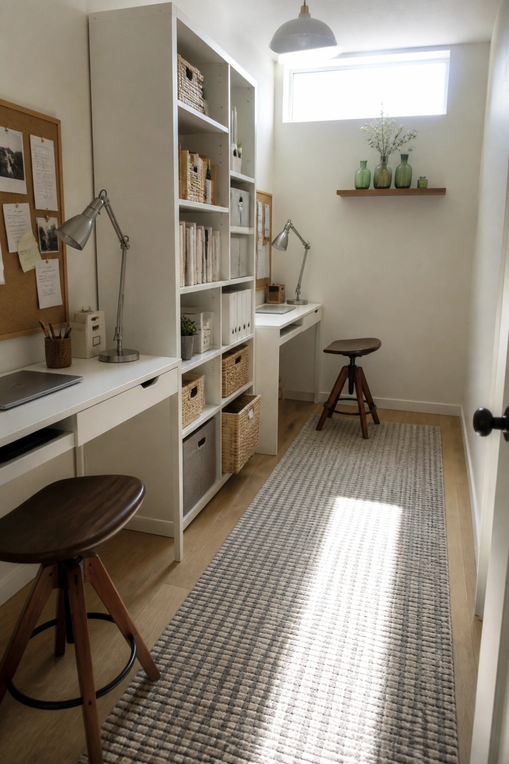 A narrow indoor office with white built-in shelving and desks along one wall, two wooden stools, woven baskets, and a long patterned rug on light wood flooring.