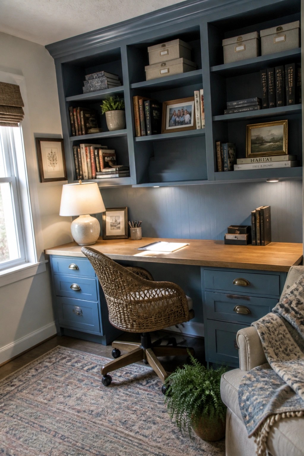 A home office with blue built-in shelves and cabinetry around a wooden desk, a woven chair on a rug, and a window to the left.