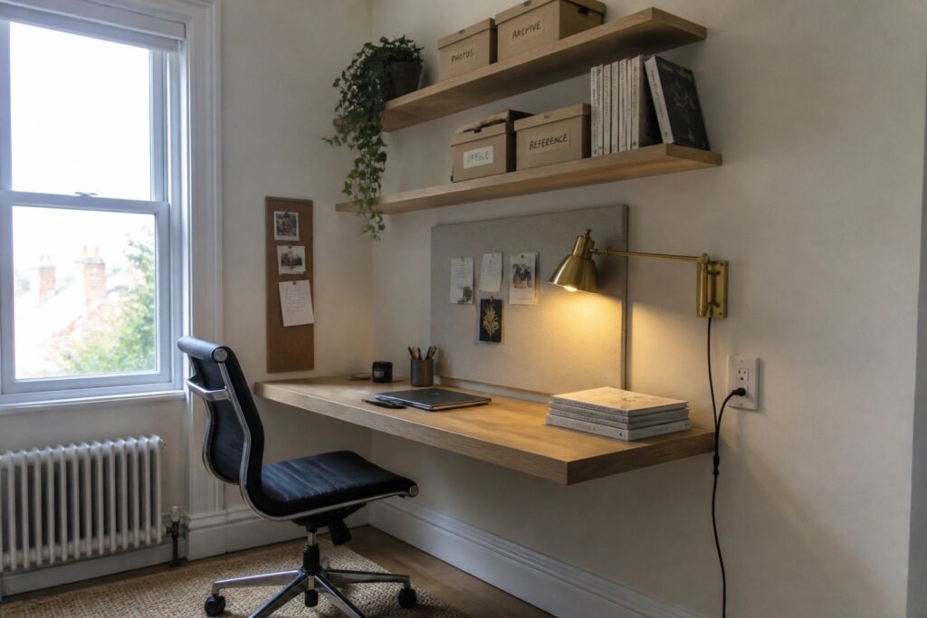 24 Practical Small Office Ideas for Tight Corners and Spare Rooms A compact corner workspace with a light wood desk, floating shelves holding boxes and books, a black mesh office chair, and a brass wall lamp.