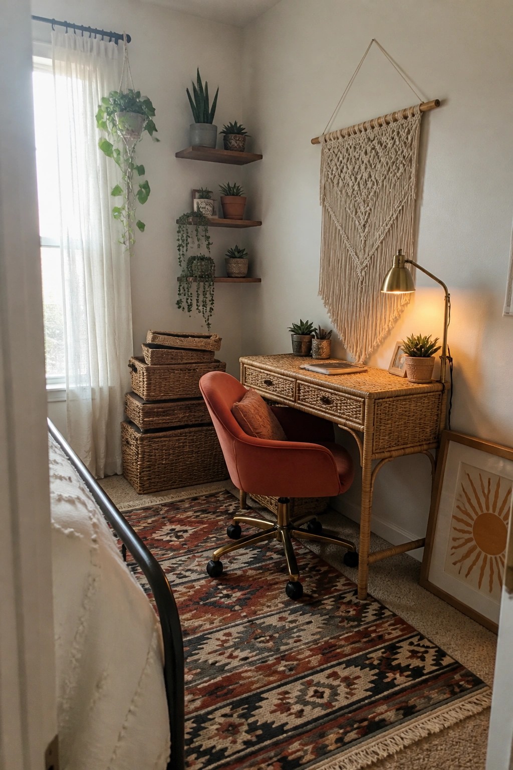 A compact home office corner featuring a rattan desk, orange swivel chair, macrame wall hanging, and wooden shelves with potted plants.