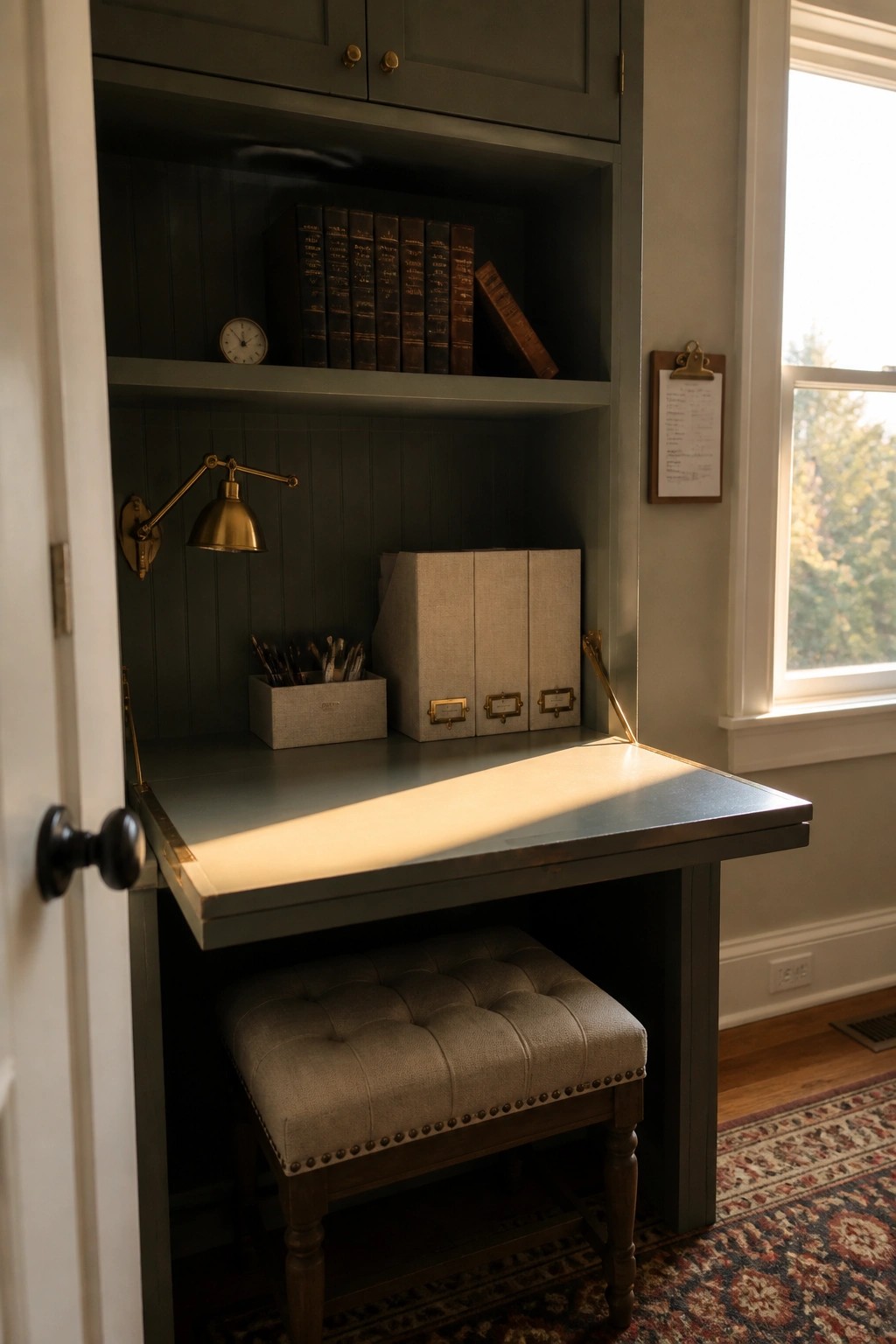 A dark green built-in cabinet with a drop-down desk surface, upper shelves holding books, a wall-mounted lamp, fabric storage bins, and a tufted stool underneath.