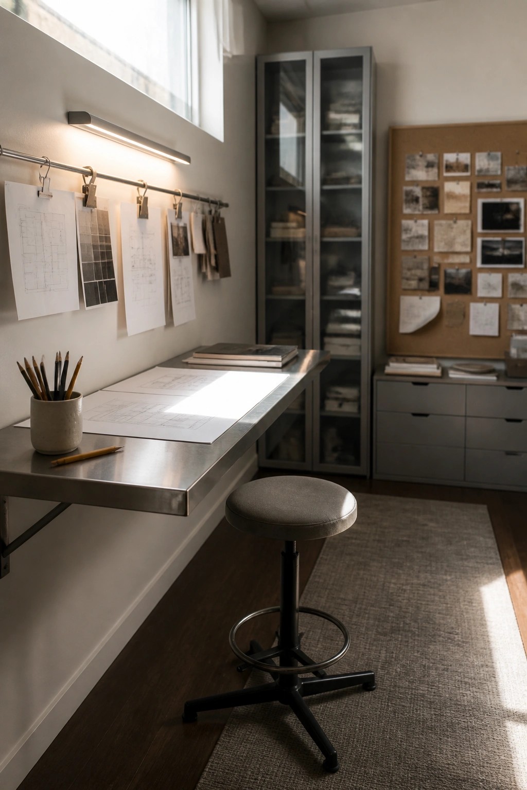 A compact home office features a wall-mounted metal desk beneath a window, with a horizontal rail holding clipped architectural drawings, a stool underneath, and a corkboard on the adjacent wall.