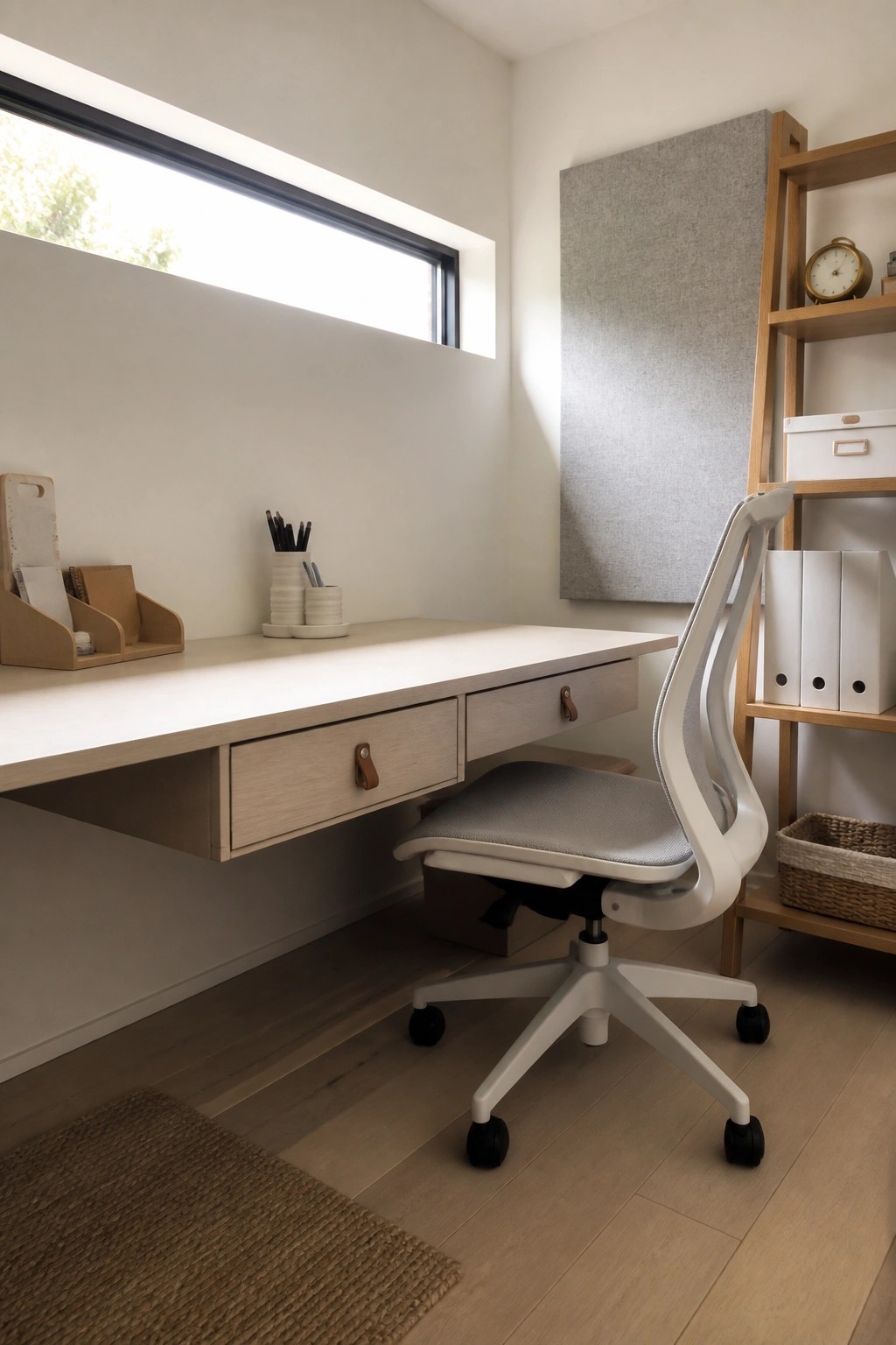 A small home office features a light wood floating desk mounted under a window with two drawers, a gray and white office chair, a tall wooden shelving unit holding binders and a clock, and a woven rug on the floor.