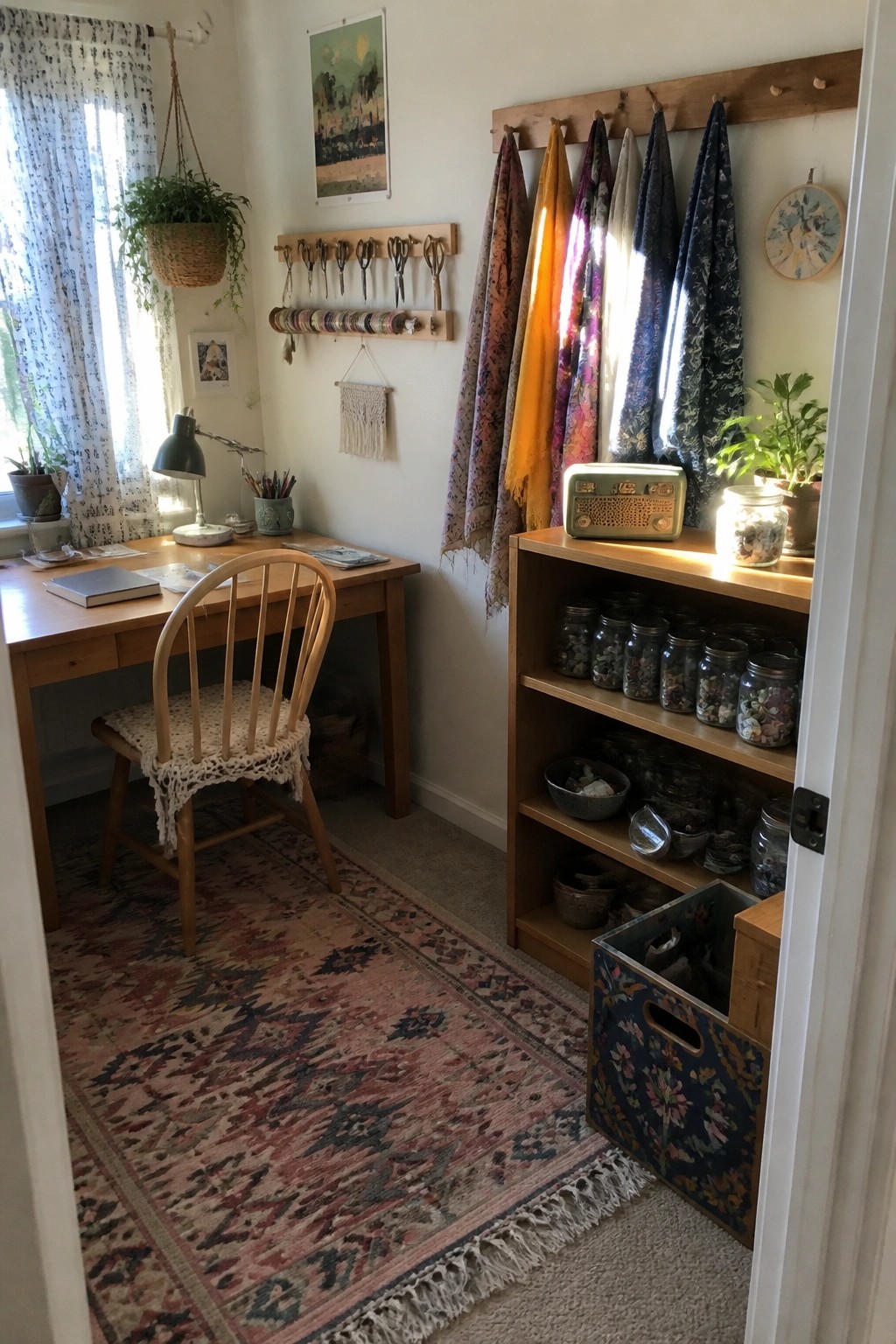 Cozy craft room with wooden desk, patterned rug, rock-filled jars, and hanging scarves.