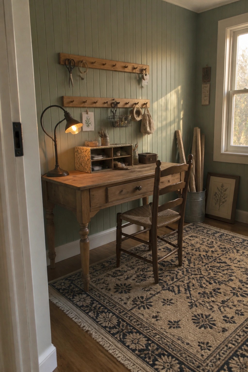 Rustic wooden desk and chair on patterned rug in sunlit green-paneled room with lit lamp.