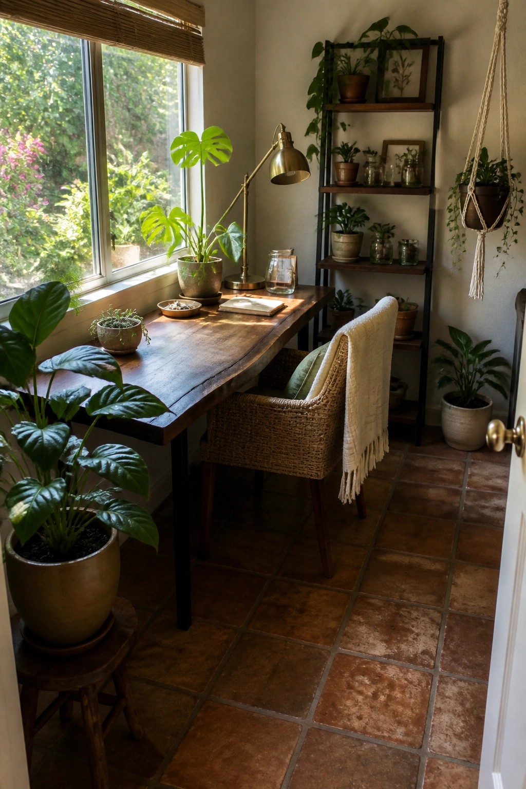 A narrow wooden desk sits along a window in a small room, with a woven chair, potted plants on the desk and floor, and a tall shelving unit against the wall.