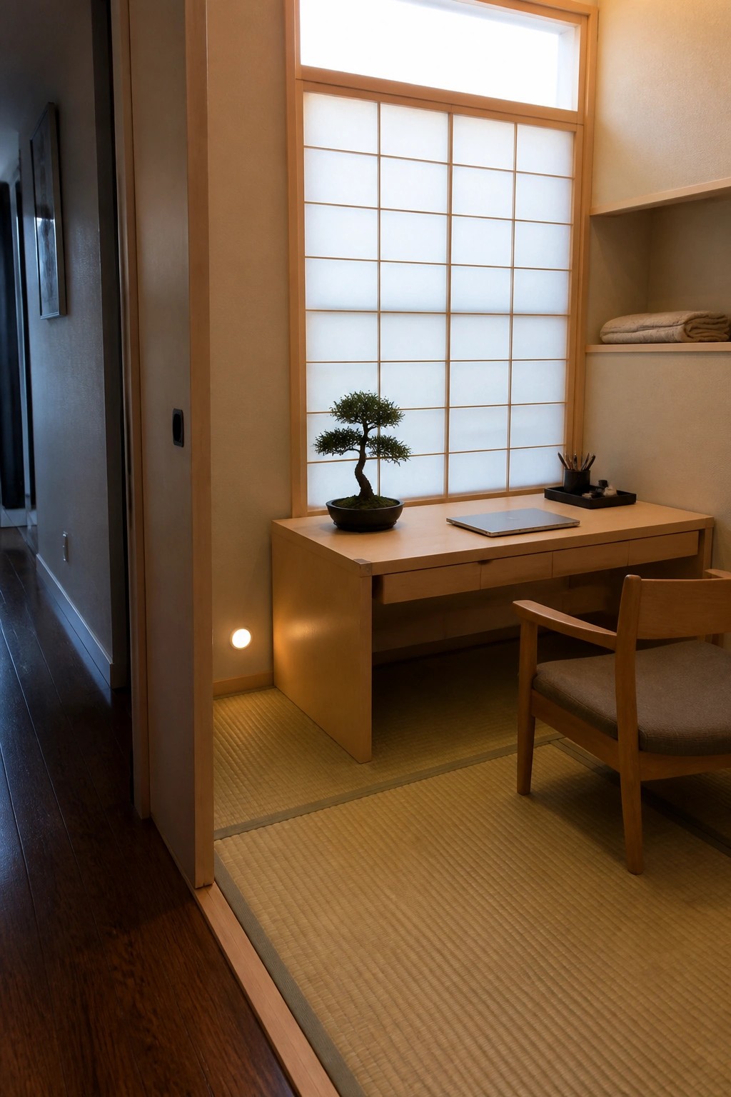Japanese room with shoji window, tatami mats, bonsai on wooden desk.