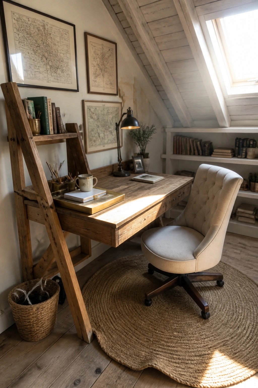 Cozy wooden desk with beige tufted chair on round jute rug in sunlit attic