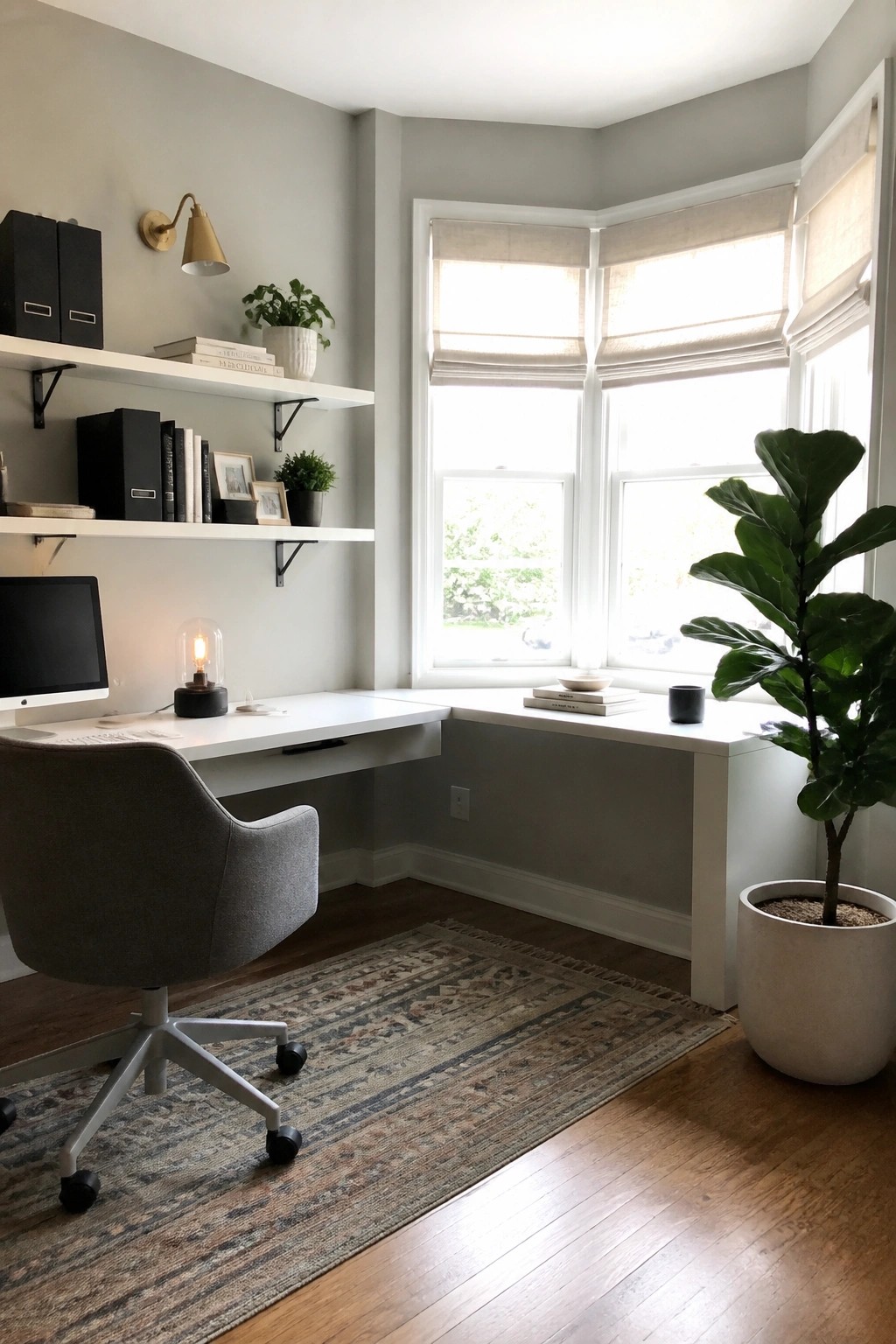 A compact corner home office with a white L-shaped desk, floating white shelves holding books and plants, a gray office chair, and a bay window with rolled blinds.
