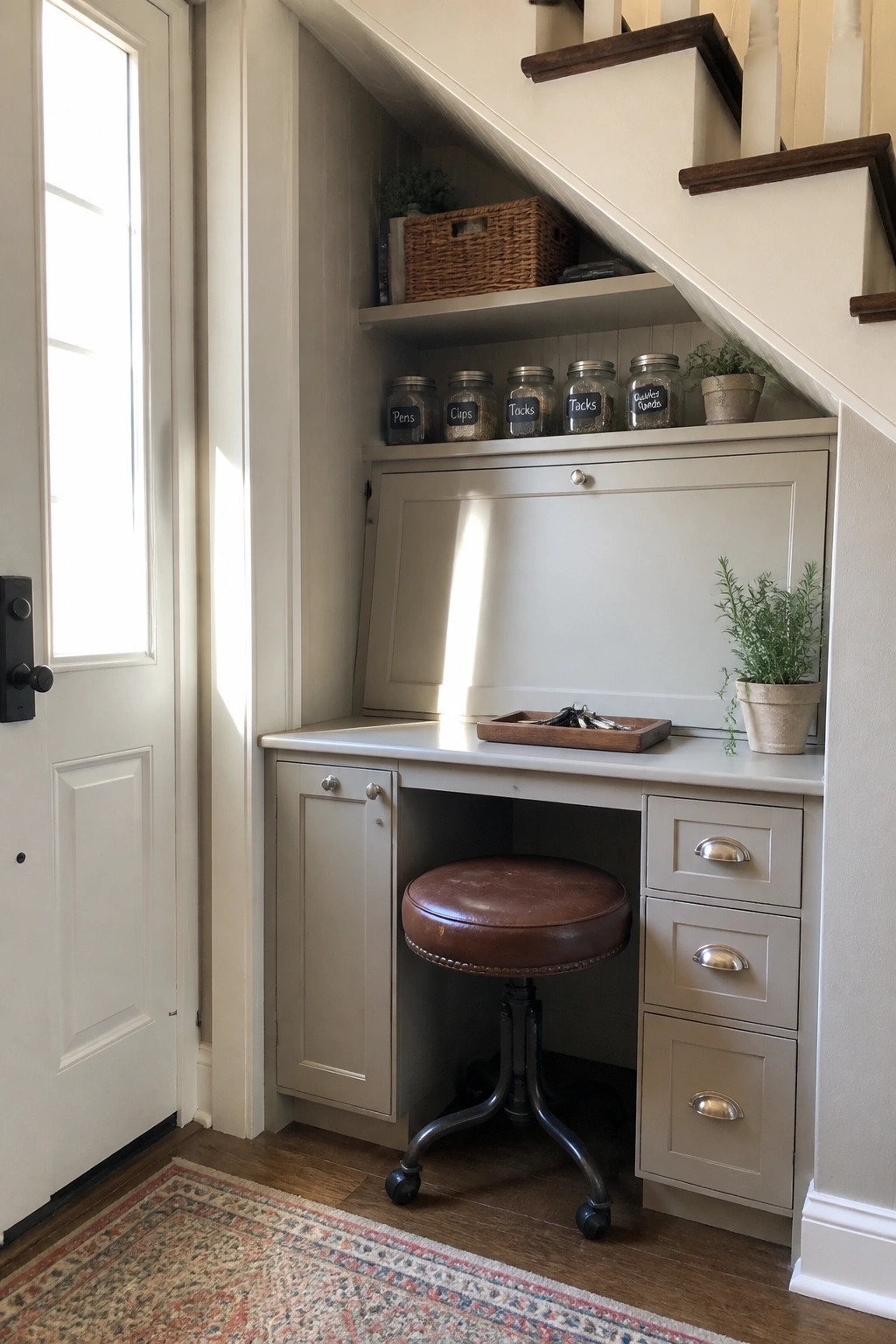 A built-in desk with flip-down front and drawers sits under a staircase, with a brown stool and storage jars on the shelf above.