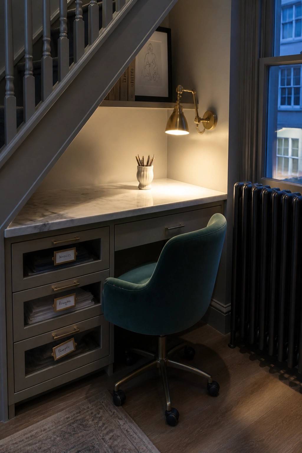 A built-in desk with marble top and labeled storage drawers sits under a staircase, paired with a teal upholstered office chair and a wall-mounted lamp.