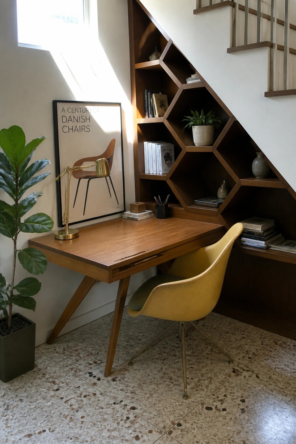 A wooden desk and yellow chair sit under a staircase with built-in hexagonal shelves holding books and plants.