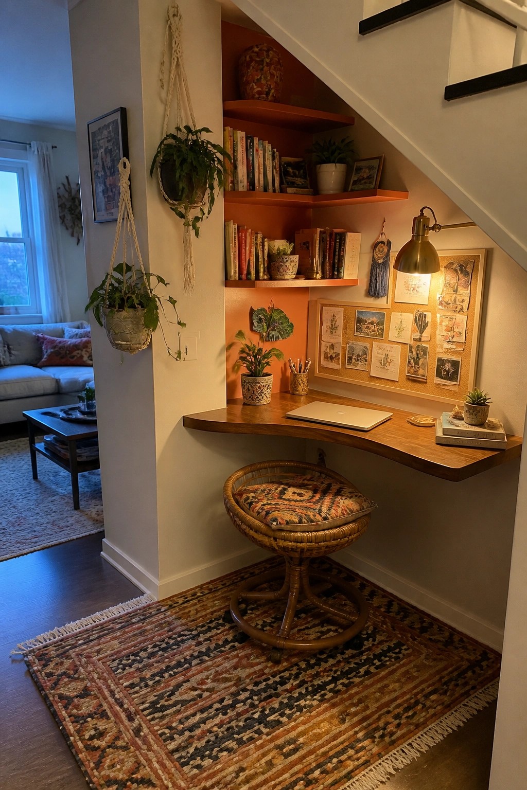 A wooden desk and orange shelves built into the space under a staircase, with a wicker stool and laptop on the desk.