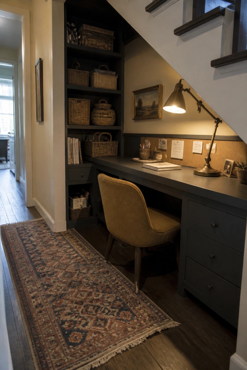 Built-in desk and dark shelving unit under a staircase, with woven baskets, a mustard upholstered chair, desk lamp, and corkboard panel.