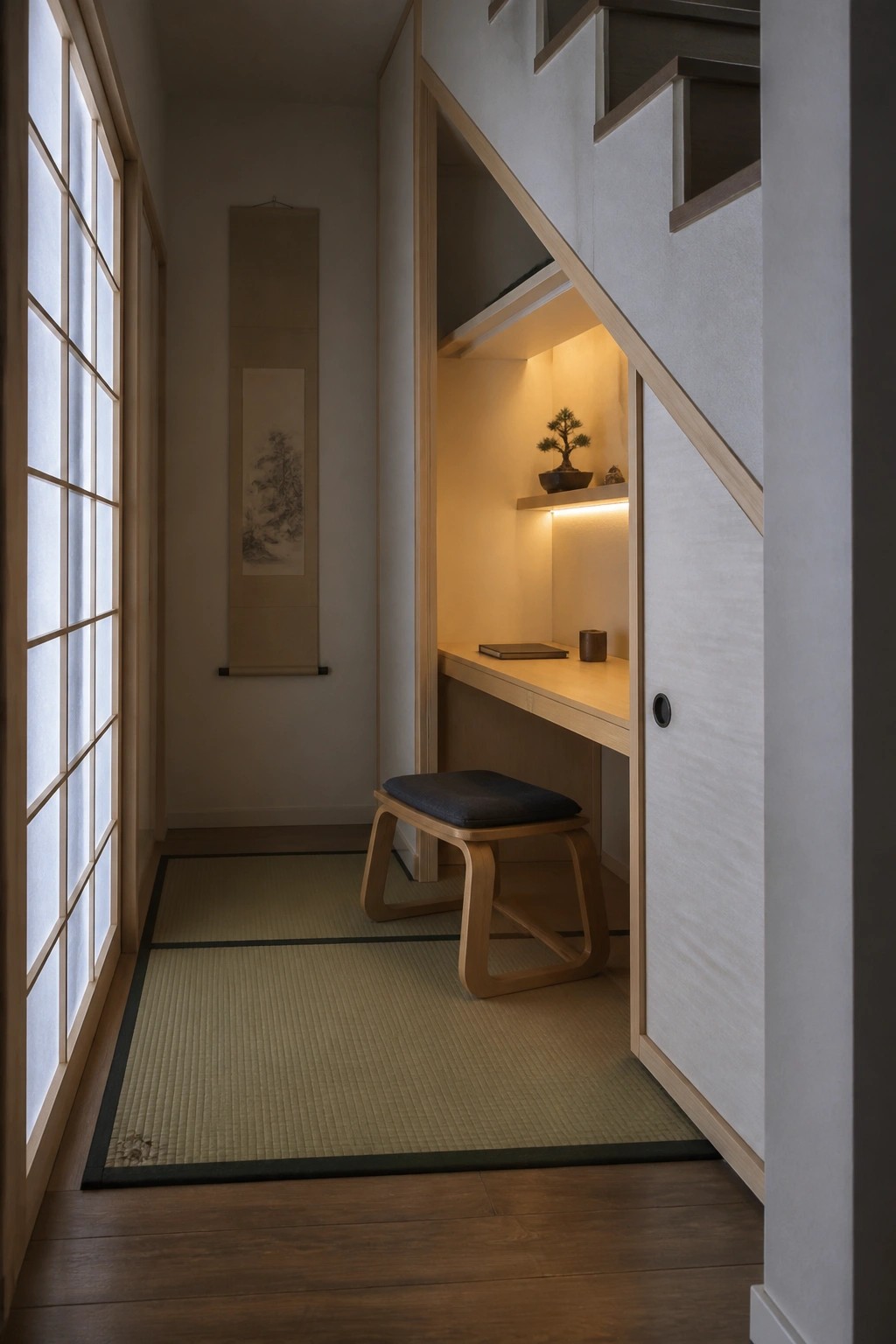 Minimalist Japanese nook under staircase with tatami mat, low desk, bonsai, and stool