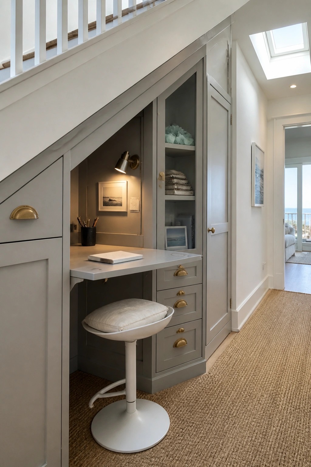 A built-in gray desk and cabinet unit with drawers and open shelves sits under a staircase, paired with a white swivel stool on a woven rug.