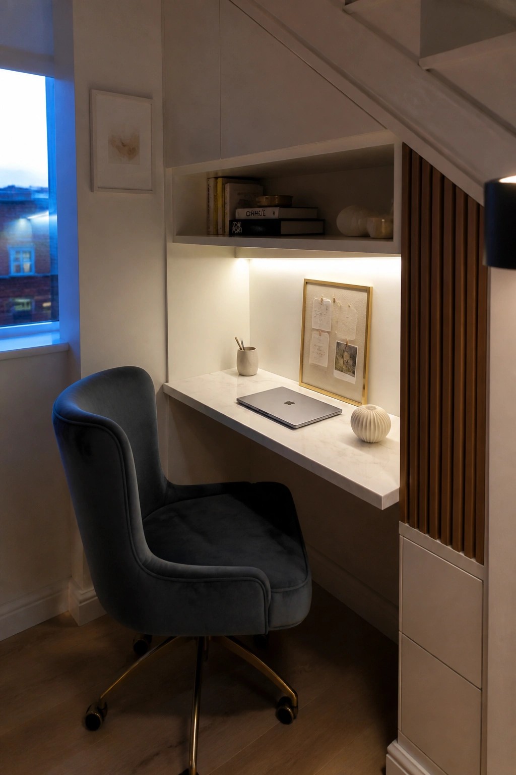 A built-in desk with marble top sits under a staircase, featuring a blue upholstered office chair, a closed laptop, and a lit shelf with books above.