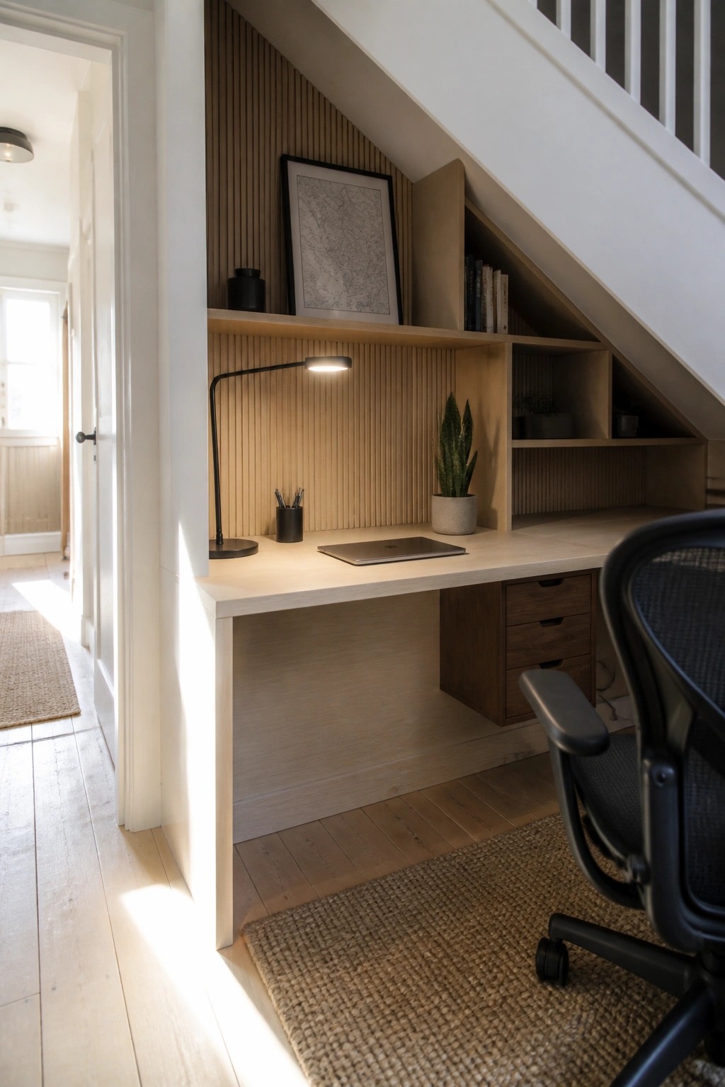 A light wood built-in desk under a staircase with open shelves, a laptop, desk lamp, and a black office chair on a woven rug.