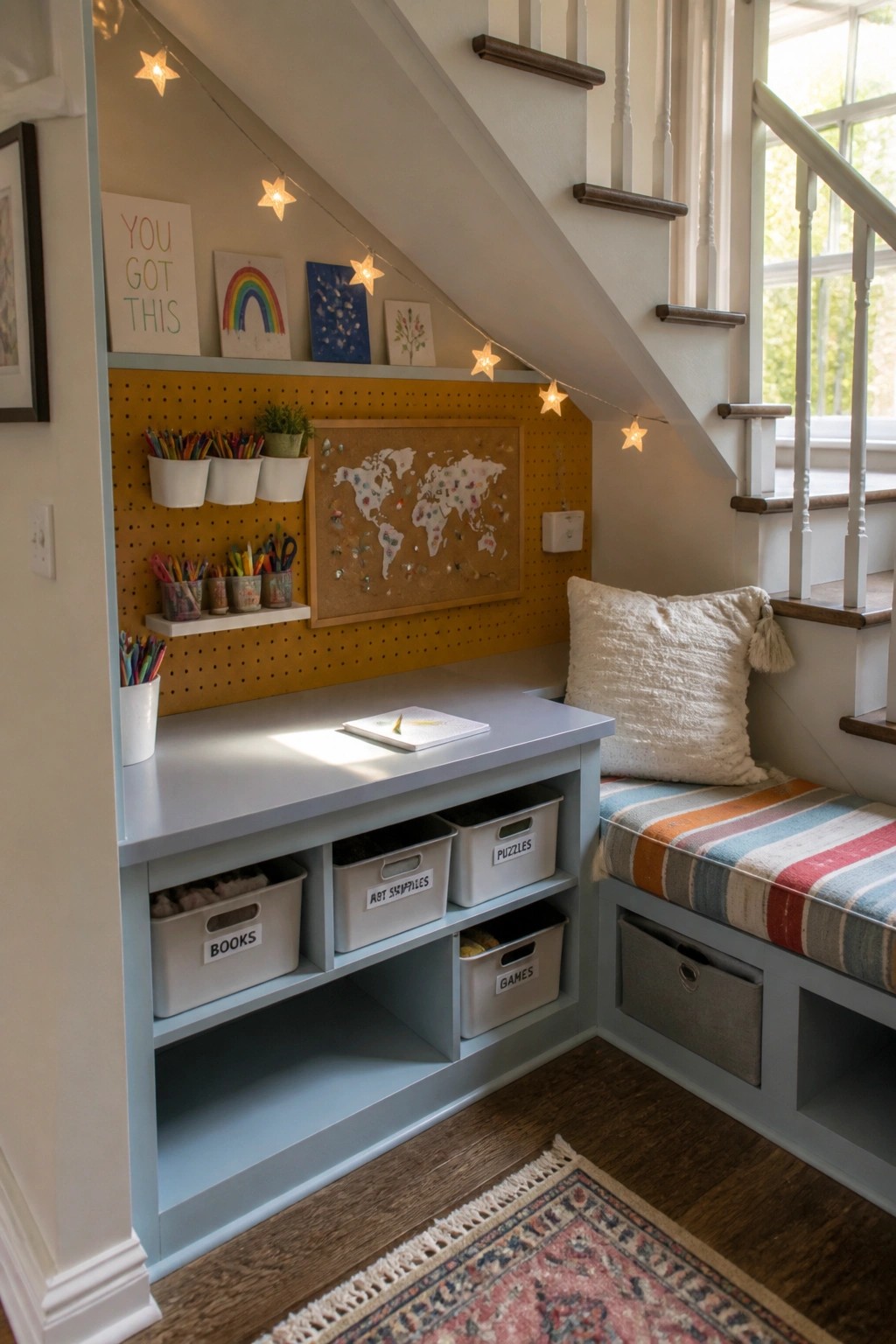 A built-in desk and storage area under a staircase featuring a light blue painted desk with white labeled bins, a yellow pegboard with art supplies, and a striped bench cushion on the right.