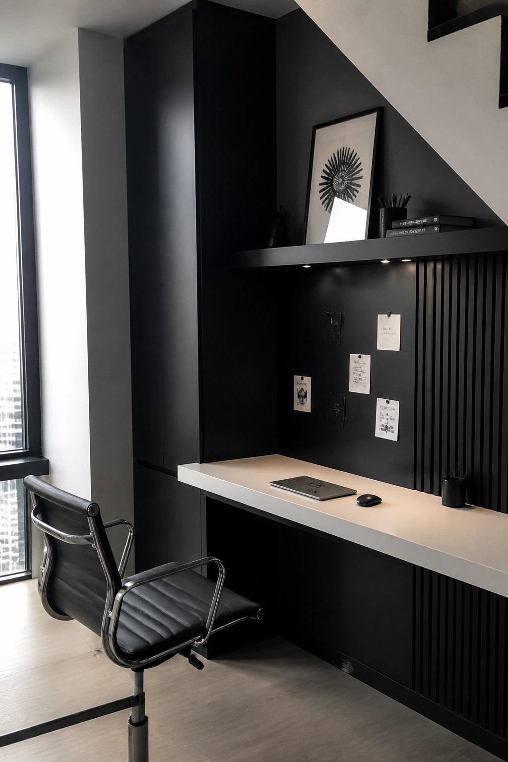 A modern under-stairs office nook with a built-in light-colored desk, black walls, floating shelf, and black office chair.