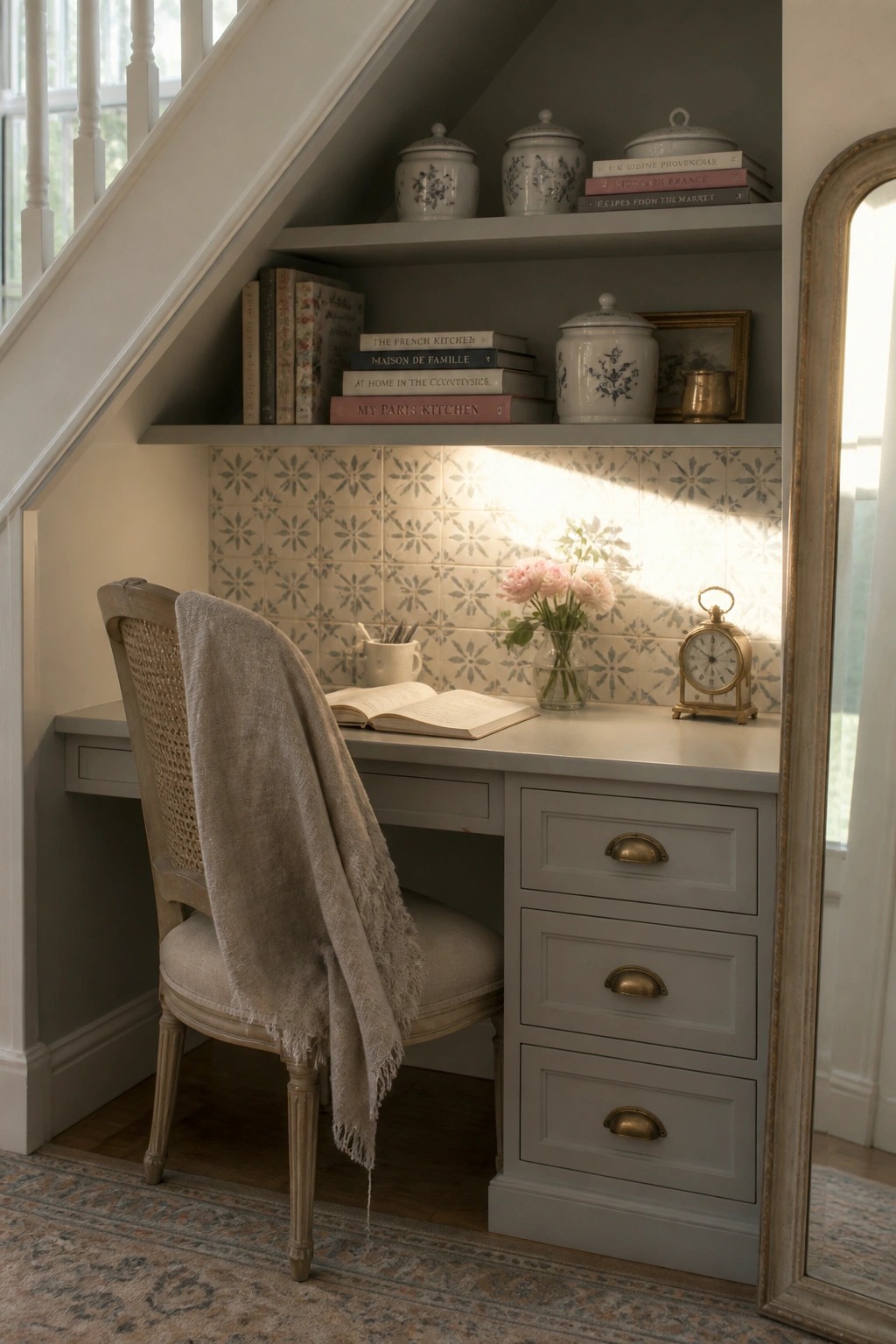 A small desk with chair and open shelves above it placed under a staircase, featuring patterned tile on the back wall and various books and containers on the shelves.