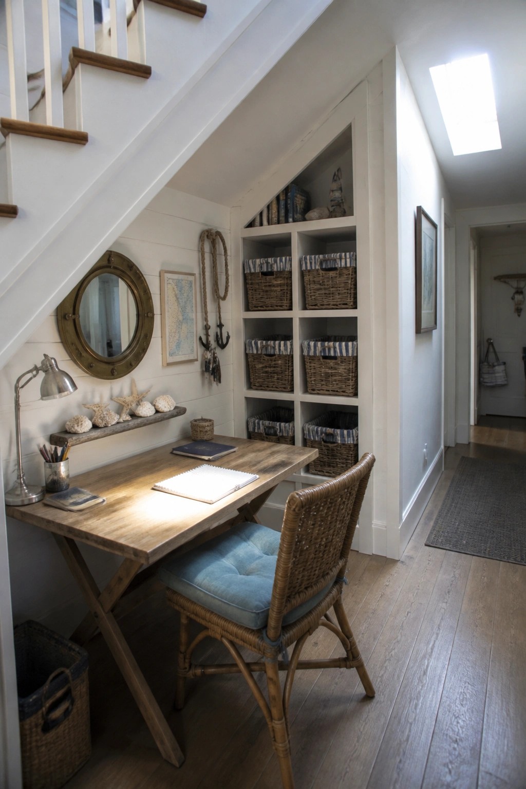 A wooden desk with a woven chair sits under a staircase beside white built-in shelves filled with baskets and books.