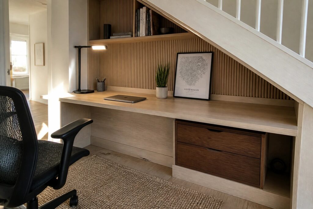 A light wood built-in desk under a staircase with open shelves, a laptop, desk lamp, and a black office chair on a woven rug.