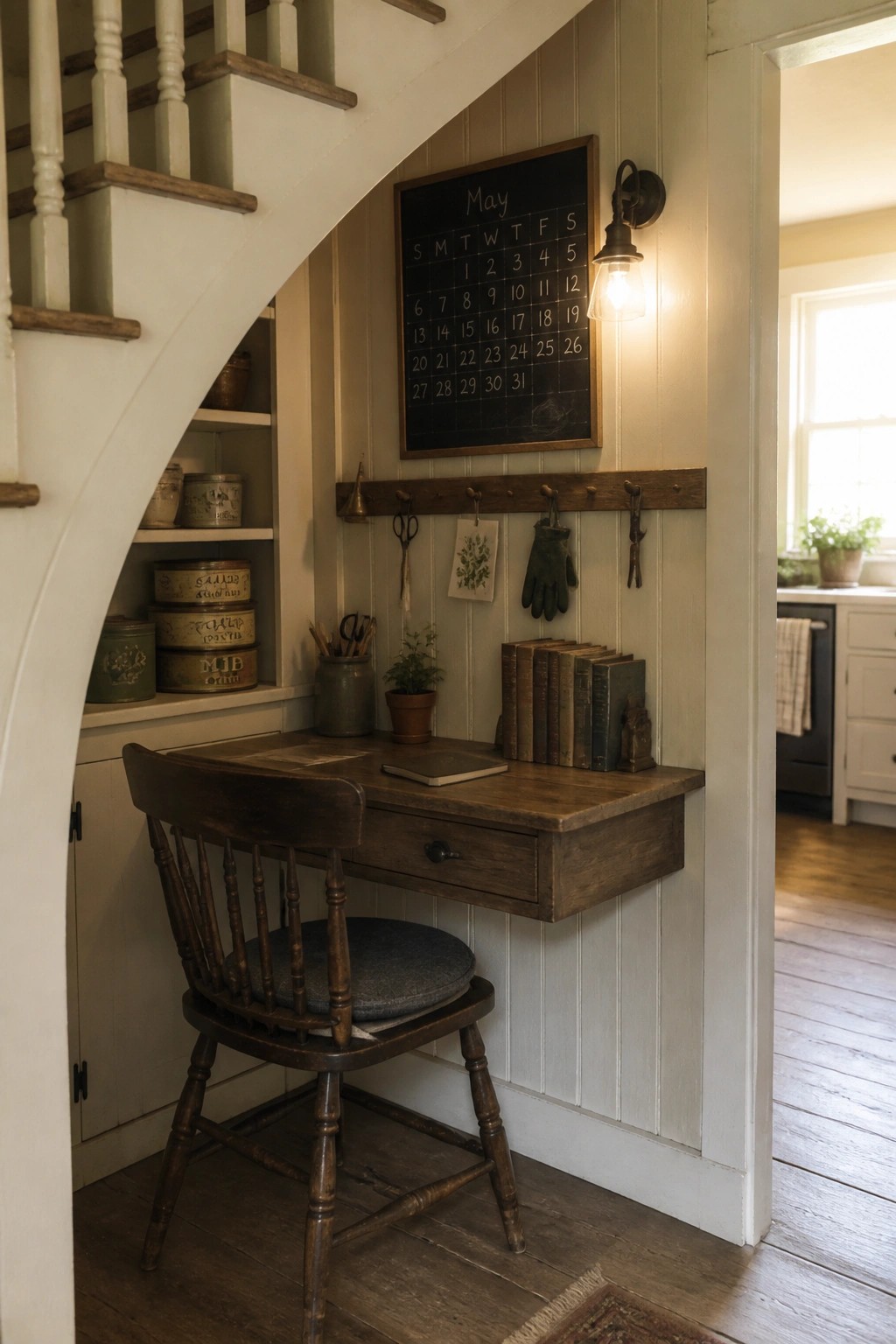Rustic wooden desk and chair under staircase with May chalkboard calendar and vintage decor