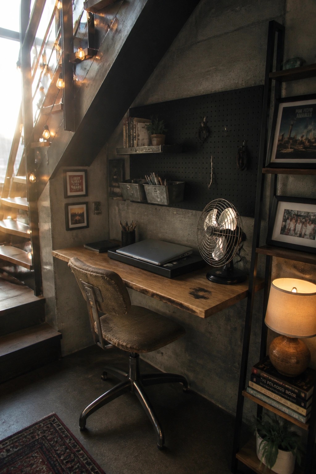 A wooden desk with a laptop and office chair set under a staircase, next to a black pegboard with shelves on a concrete wall.